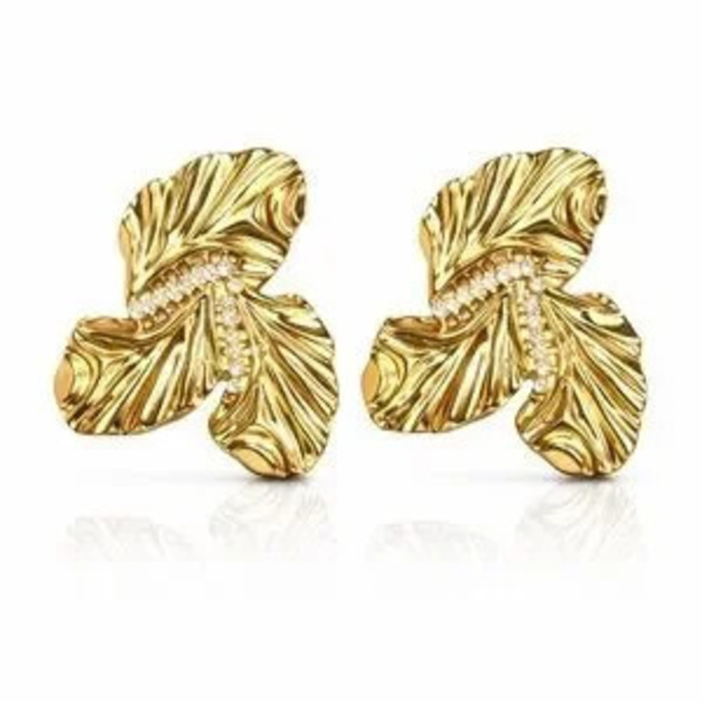 Trendy Earrings Gold Leaf With Zirconia